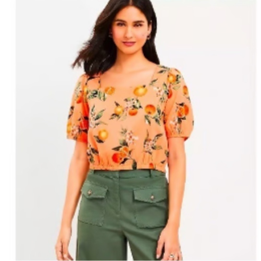 LOFT Harvest Crop Top Oranges Fruit Print Criss Cross Back Bubble Sleeve Size S